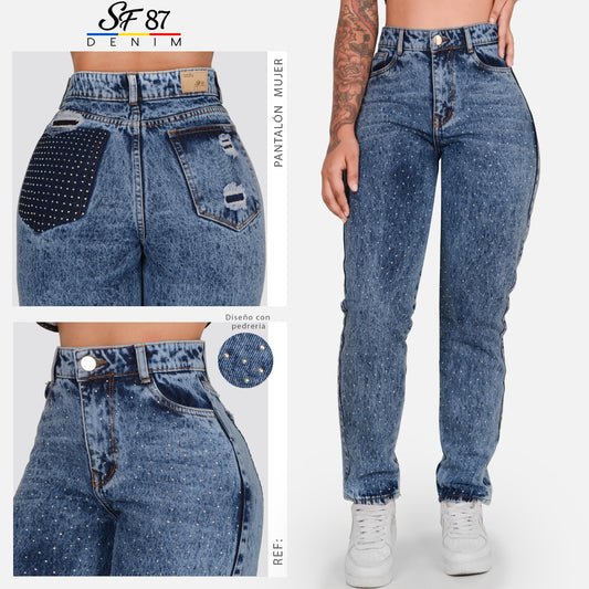 Jeans De Mujer Tiro Alto Pedreria